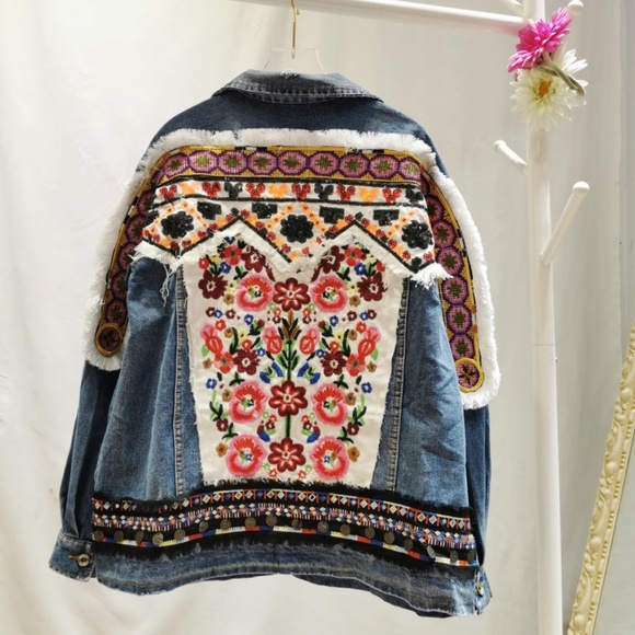 Boho Denim Blue Floral Embroidered Jean Jacket - Picture 9 of 14